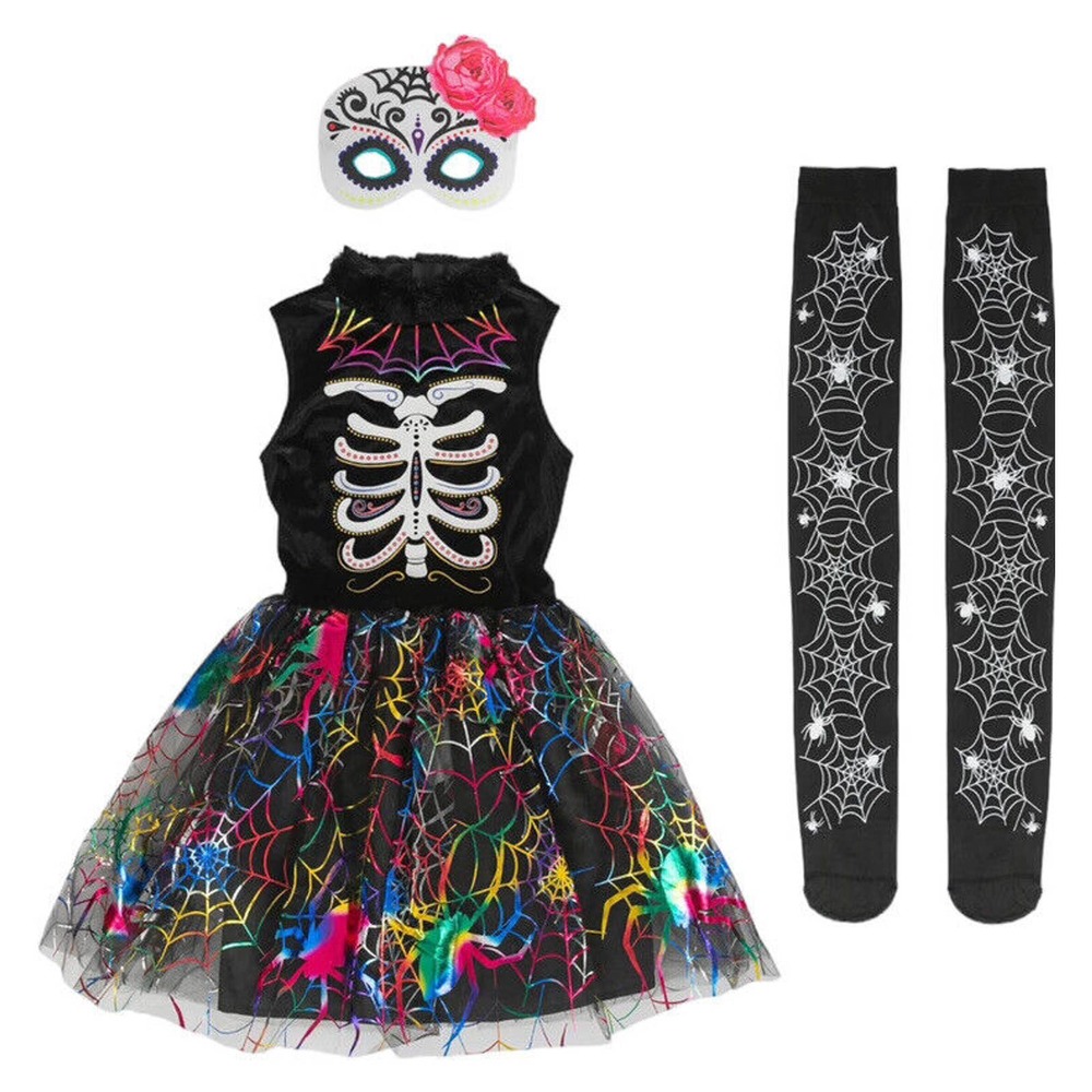 Ikali Spider Witch Skeleton Costume Dress-Up Size 7/8 Includes Felt Mask & Socks